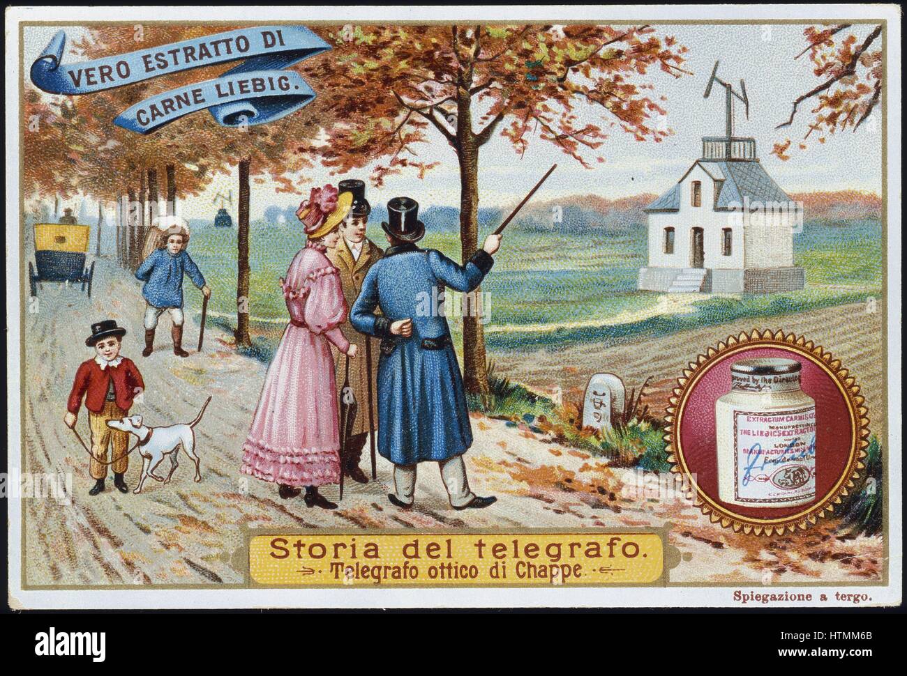 Antenna Telegraph (semaforo). Artista della impressione di Claude Chappe (1763-1895), ingegnere e inventore francese,, telegrafo sistema in uso. Ampiamente utilizzato, in particolare in Francia e della sua colonie, fino a circa 1850. Liebig scheda commerciale rilasciato c1900. Chromolithograph Foto Stock