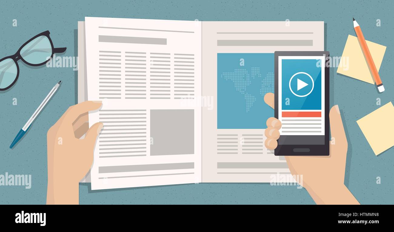 L'uomo leggendo una rivista e la visualizzazione di realtà aumentata contenuti e news su una pagina utilizzando uno smartphone, la tecnologia e il concetto di comunicazione Illustrazione Vettoriale L'uomo leggendo una rivista e la visualizzazione di realtà aumentata contenuti e news su una pagina utilizzando uno smartphone, la tecnologia e il concetto di comunicazione Illustrazione Vettoriale