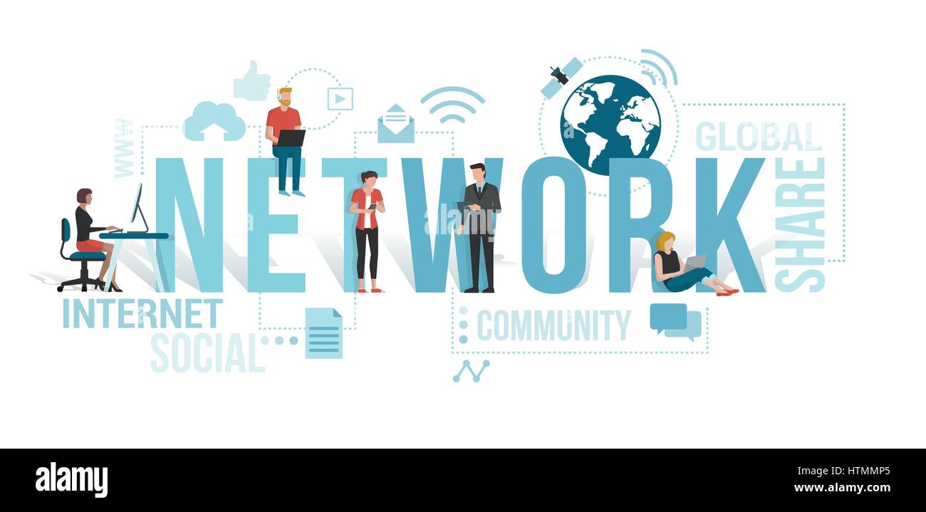 La gente di affari e gli utenti che si connettono alla rete utilizzando i computer e dispositivi mobili: la tecnologia di comunicazione concetto con le icone e le parole Illustrazione Vettoriale