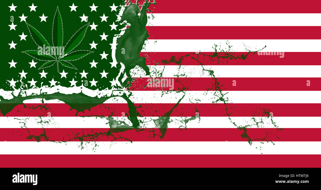 Bandiera americana con foglie di cannabis sul campo a stella che illustra l'uso ricreativo di marijuana negli Stati Uniti. Foto Stock