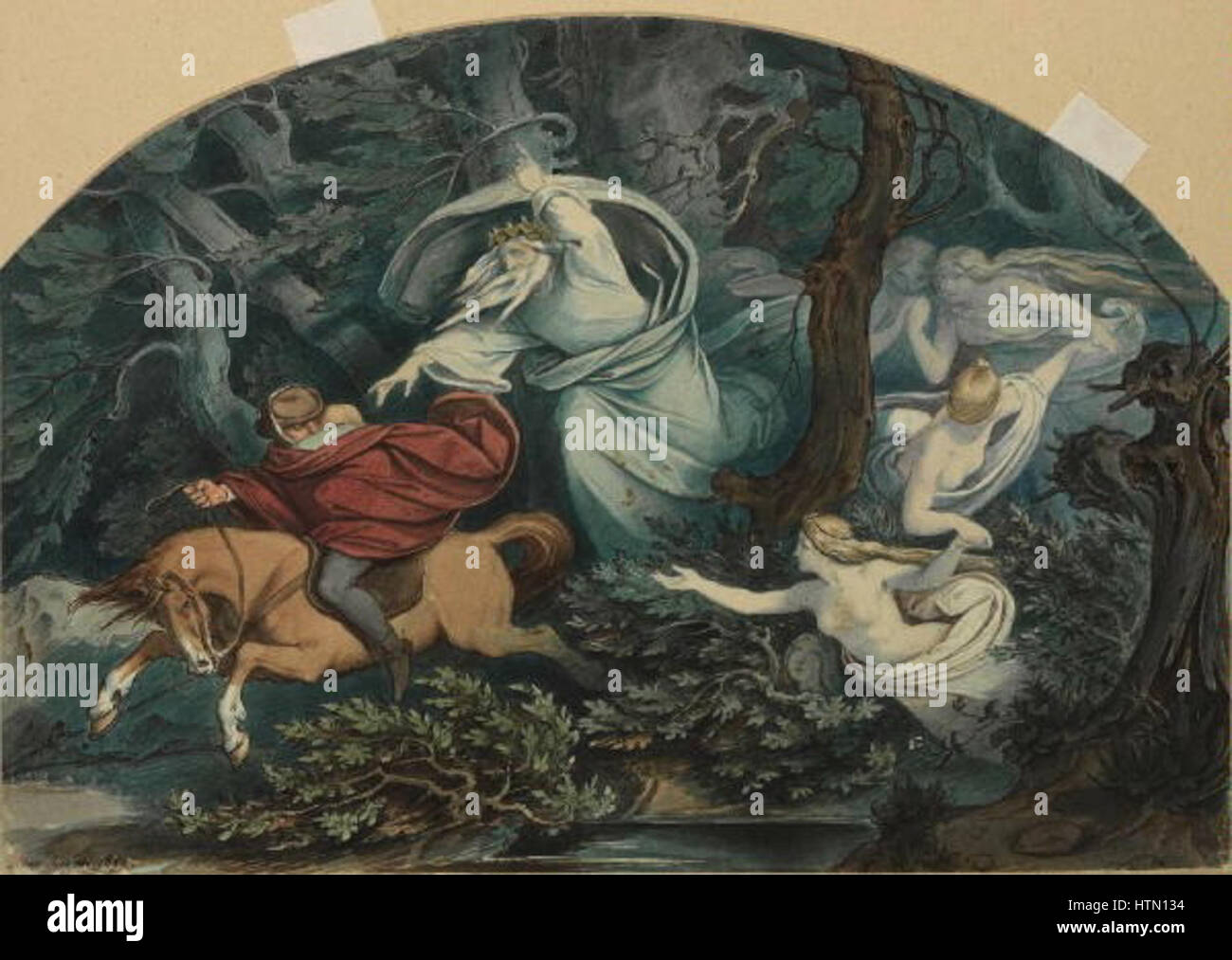 L'illustrazione di Moritz von Schwind per la poesia di Goethe "Erlkönig" ritrae vividamente la scena inquietante e drammatica della famosa ballata tedesca. Il lavoro dettagliato mostra la maestria di Schwind nel rappresentare gli elementi soprannaturali e l'intensità emotiva della narrazione. Foto Stock