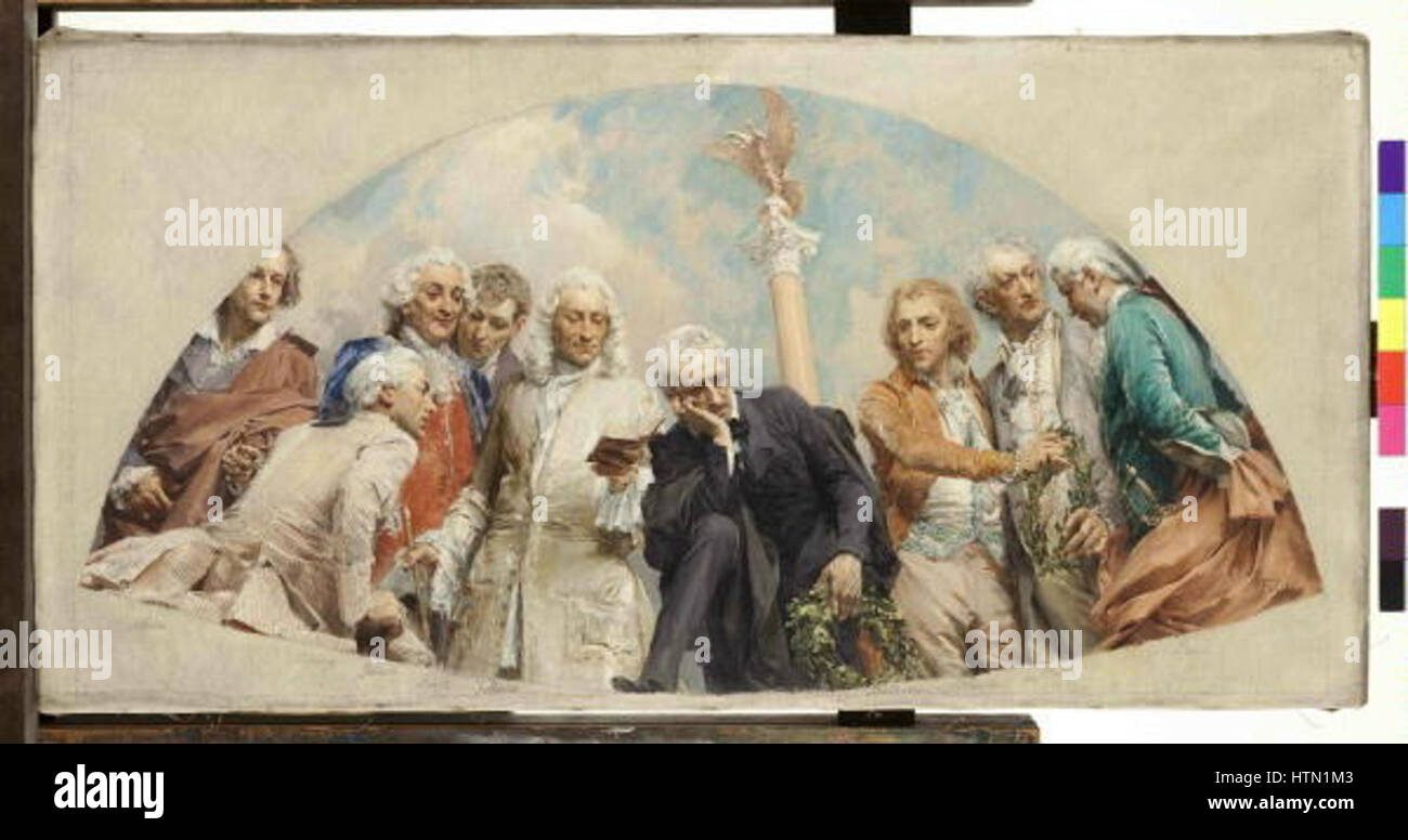 Vojtech Hynais, un importante artista ceco, ha creato "Studio per il Teatro di Corte di Vienna", parte della sua serie "quattro ere di poesia drammatica". Questo lavoro riflette la maestria di Hynais nel design scenico teatrale e la sua profonda comprensione dell'arte drammatica, incapsulando le transizioni stilistiche dal XVIII al XIX secolo. Foto Stock