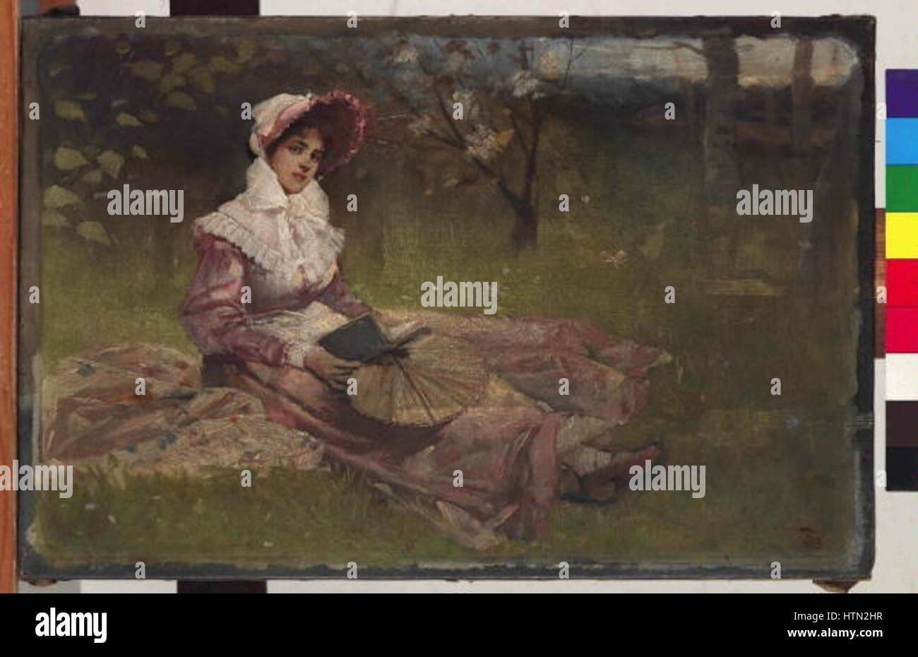 "V Ustrani sedici Dama" di Jakub Schikaneder (sedici donne in campagna) è un ritratto toccante della vita rurale nelle terre ceche dei primi anni del XX secolo. Il dipinto cattura le donne impegnate nelle attività quotidiane, sottolineando il legame tra le figure e il loro ambiente naturale con un focus sulla pacifica esistenza rurale. Foto Stock