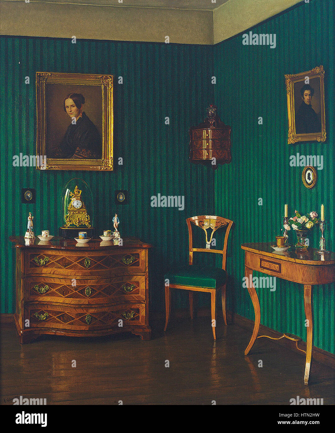 Il "Biedermeiersalon" di otto Erdmann raffigura una raffinata scena interna che riflette il periodo Biedermeier, sottolineando lo stile di vita confortevole e di classe media del tempo. L'ambiente dettagliato include arredi e un'atmosfera tranquilla tipica dei primi anni del XIX secolo in Germania e Austria. Foto Stock
