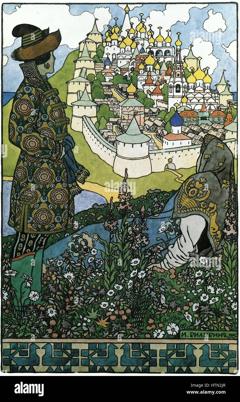 Ivan Bilibin era un artista russo noto per il suo lavoro in stile revival russo. Le sue opere d'arte spesso rappresentavano scene del folklore e della storia russi, utilizzando colori vivaci e schemi intricati. Le opere di Bilibin furono strumentali nel movimento Art Nouveau russo, mescolando temi tradizionali con tecniche di design e illustrazione innovative. Foto Stock