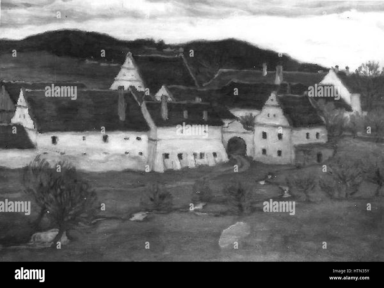 Il "Pansky dum V Jistebnici" di Richard Lauda raffigura una vista dettagliata della casa Pansky a Jistebnice, catturandone le caratteristiche architettoniche e il paesaggio circostante. Il dipinto riflette l'abilità di Lauda nel ritrarre la vita rurale ceca e gli edifici storici. Foto Stock