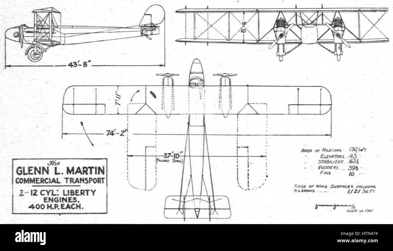 Questa immagine, intitolata "Martin Commercial Transport 3vue 130121 p27", presenta una panoramica dettagliata della Martin Commercial Transport, che mostra il design e le caratteristiche tecniche dell'aeromobile. La foto enfatizza i progressi ingegneristici e aeronautici dei primi anni del XX secolo. Foto Stock