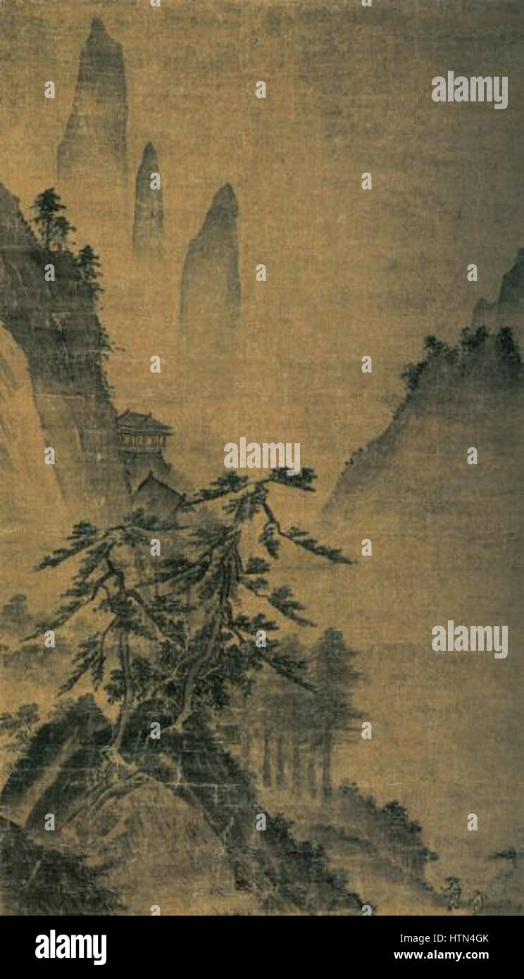 Questo paesaggio, attribuito a ma Yuan, riflette l'elegante pennellata e la composizione poetica caratteristica della dinastia Song meridionale. Il dipinto cattura un equilibrio armonioso tra natura e spazio vuoto, enfatizzando l'estetica tradizionale cinese. Foto Stock