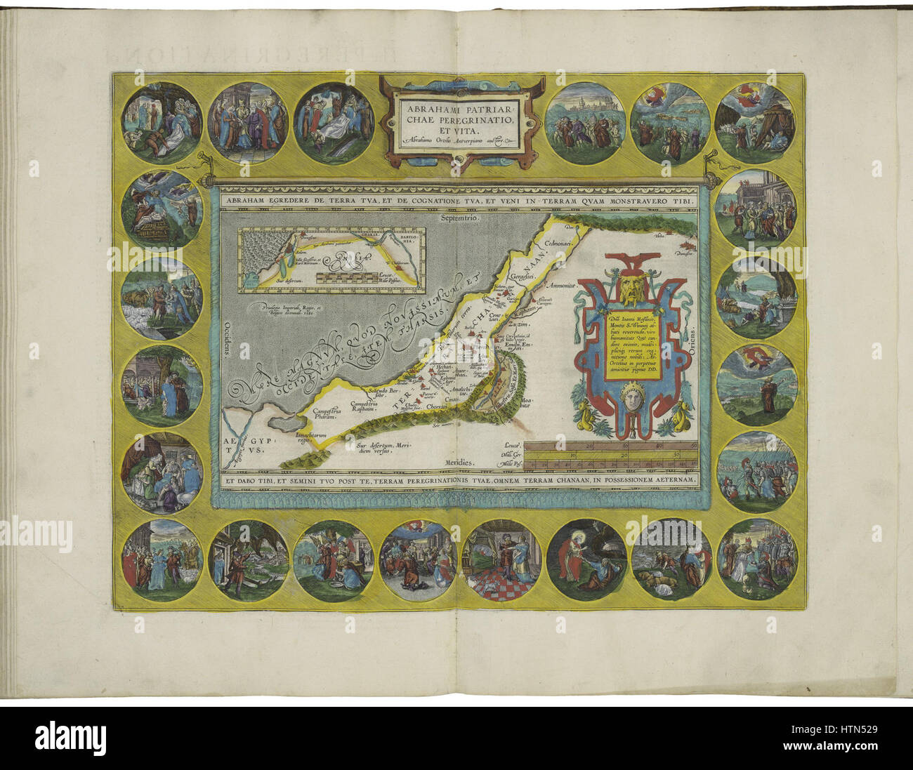 Mappa e immagini della peregrinatio di Abramo, il Patriarca da Abraham Ortelius Foto Stock