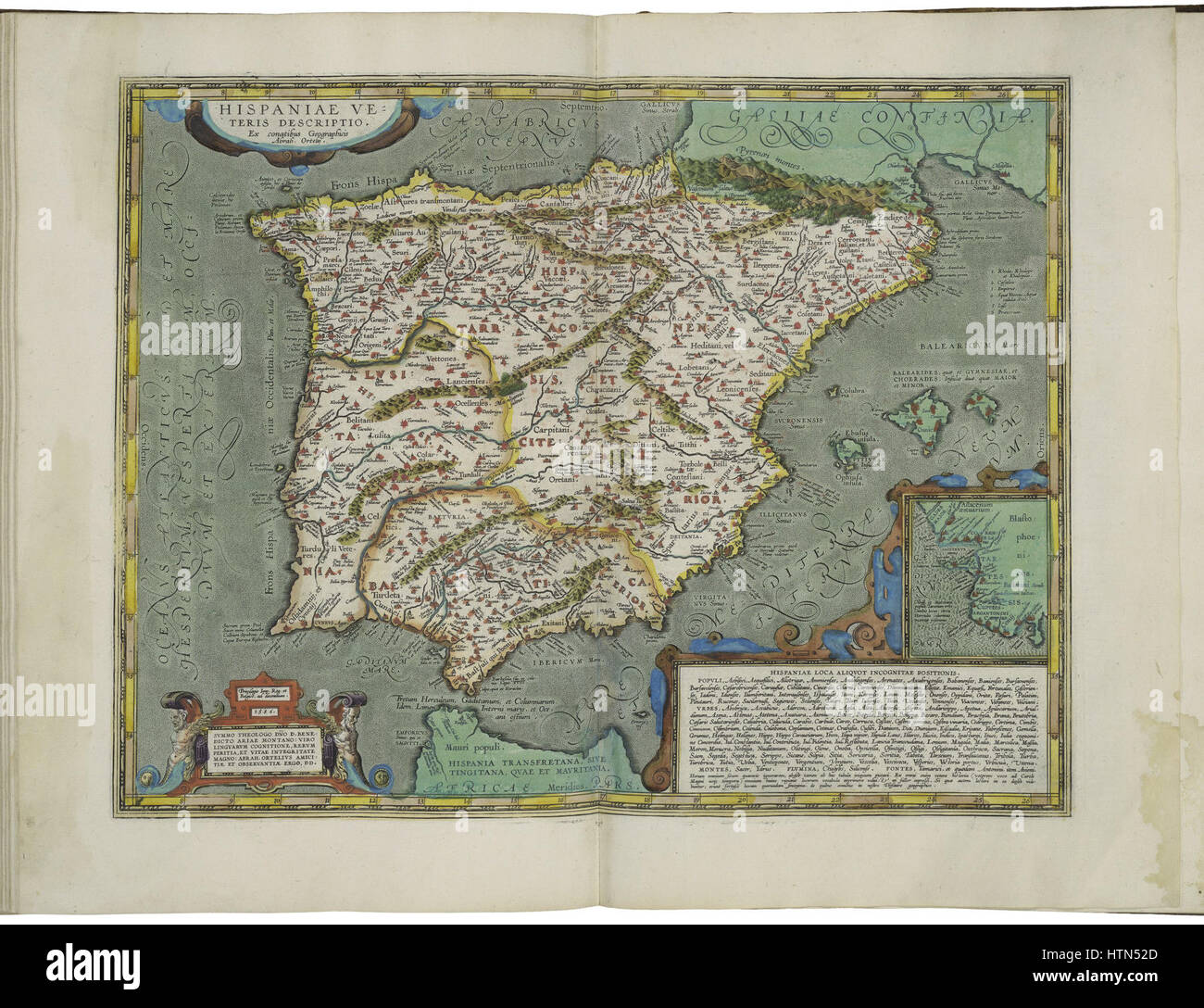 Mappa della Spagna e la finestra Mappa di Cadice da Abraham Ortelius Foto Stock