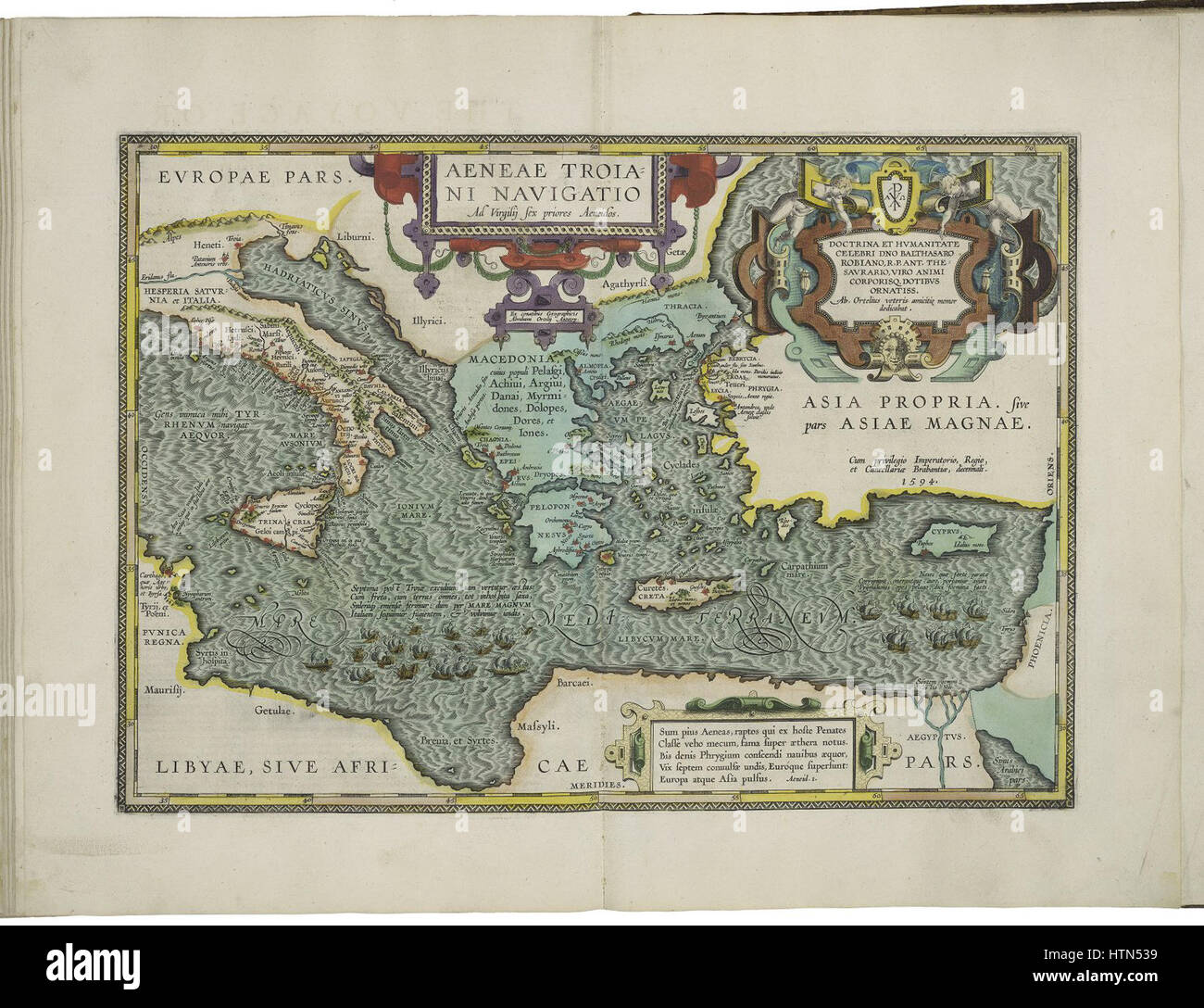 Mappa del viaggio di Enea da Abraham Ortelius Foto Stock
