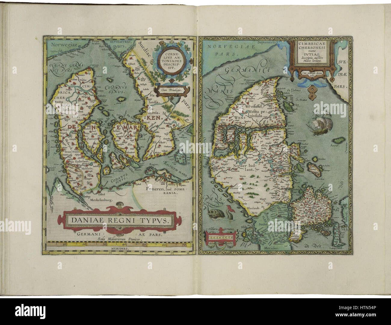 Mappe di Danimarca e dei Cimbri (Jutland) penisola da Abraham Ortelius Foto Stock