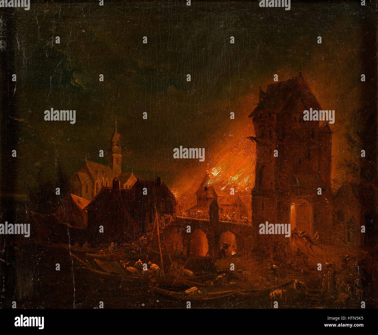 "Feuersbrunst" di Johann Georg Trautmann raffigura una scena drammatica di un incendio, catturando l'intensa energia e il caos dell'evento. Il dipinto ritrae il potere distruttivo del fuoco, con figure e fiamme in movimento. L'uso del colore e della composizione dinamica di Trautmann aumenta l'intensità della scena. Foto Stock