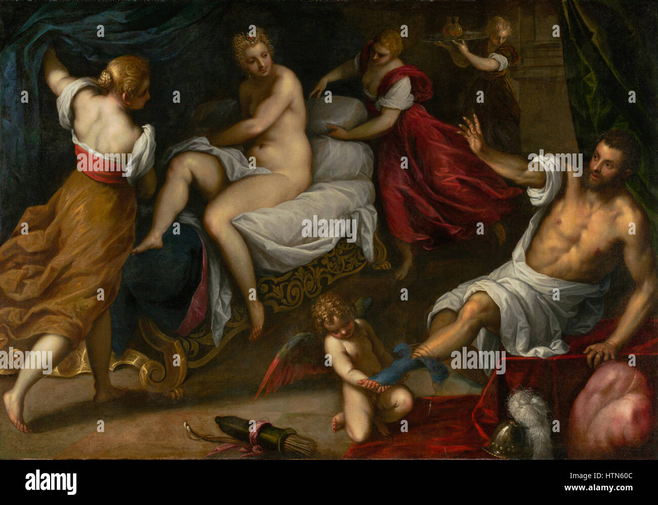 "Venere e Marte" è un noto dipinto mitologico che raffigura gli dei romani Venere e Marte. L'opera si concentra sulla delicata interazione tra le due figure, evidenziando il contrasto tra amore e guerra nella mitologia classica. Foto Stock