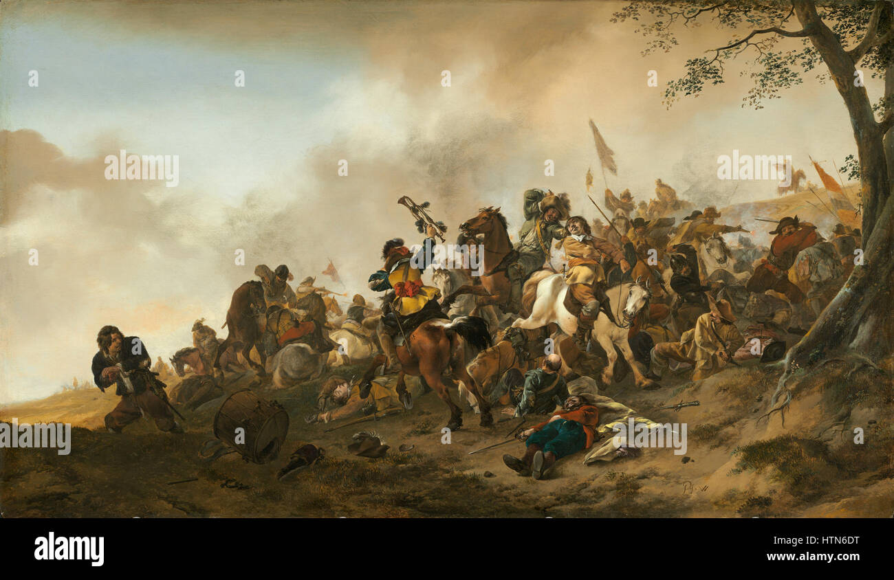 L'opera raffigura una scena storica di battaglia, catturando l'intensità e il caos della guerra. La drammatica composizione trasmette la lotta, con i soldati impegnati in combattimento, sullo sfondo di conflitti e strategie. Foto Stock