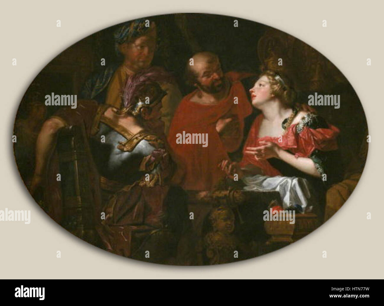 "Penelopa a jeji napadnici" di Jan Rudolf Bys raffigura Penelope e i suoi pretendenti dal mito greco di Ulisse. Il dipinto cattura il momento drammatico della sfida di Penelope, sottolineando temi di fedeltà e pazienza. Foto Stock