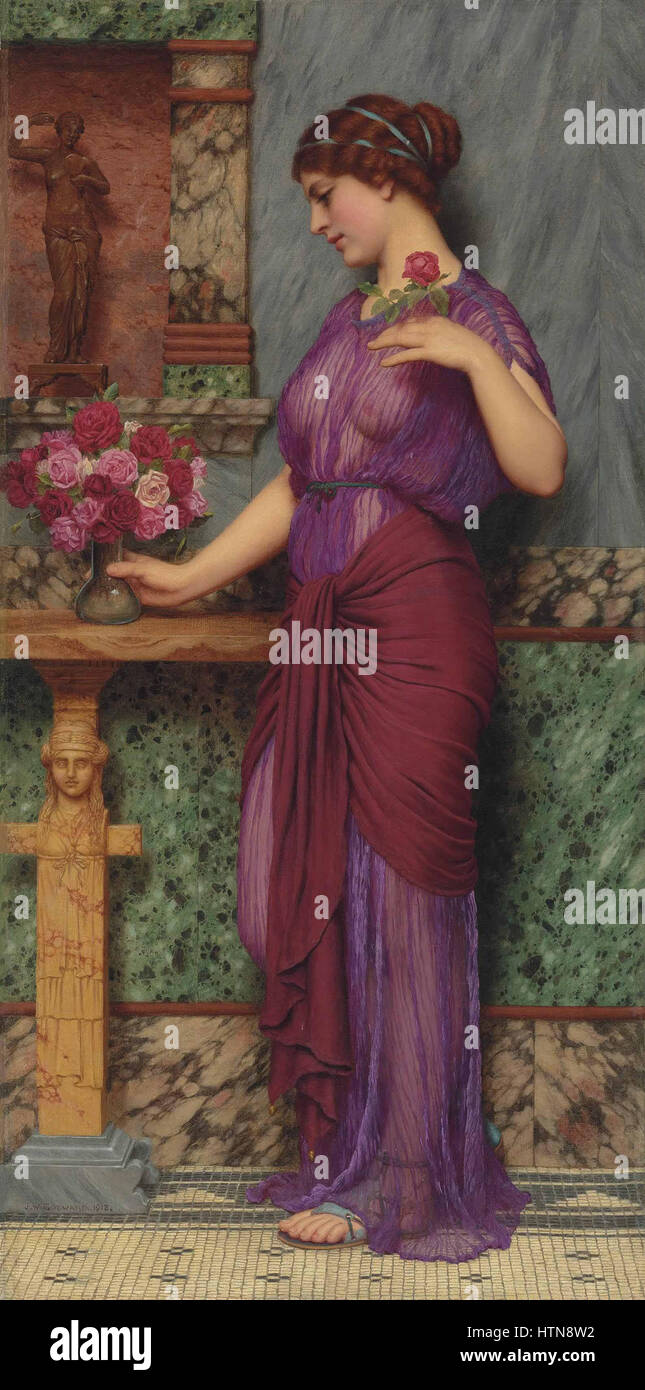 “Un’offerta a Venere” di John William Godward raffigura una scena classica in cui una donna offre un tributo alla dea romana Venere. L'opera mostra lo stile neoclassico di Godward, enfatizzando la bellezza idealizzata e i motivi classici. Foto Stock