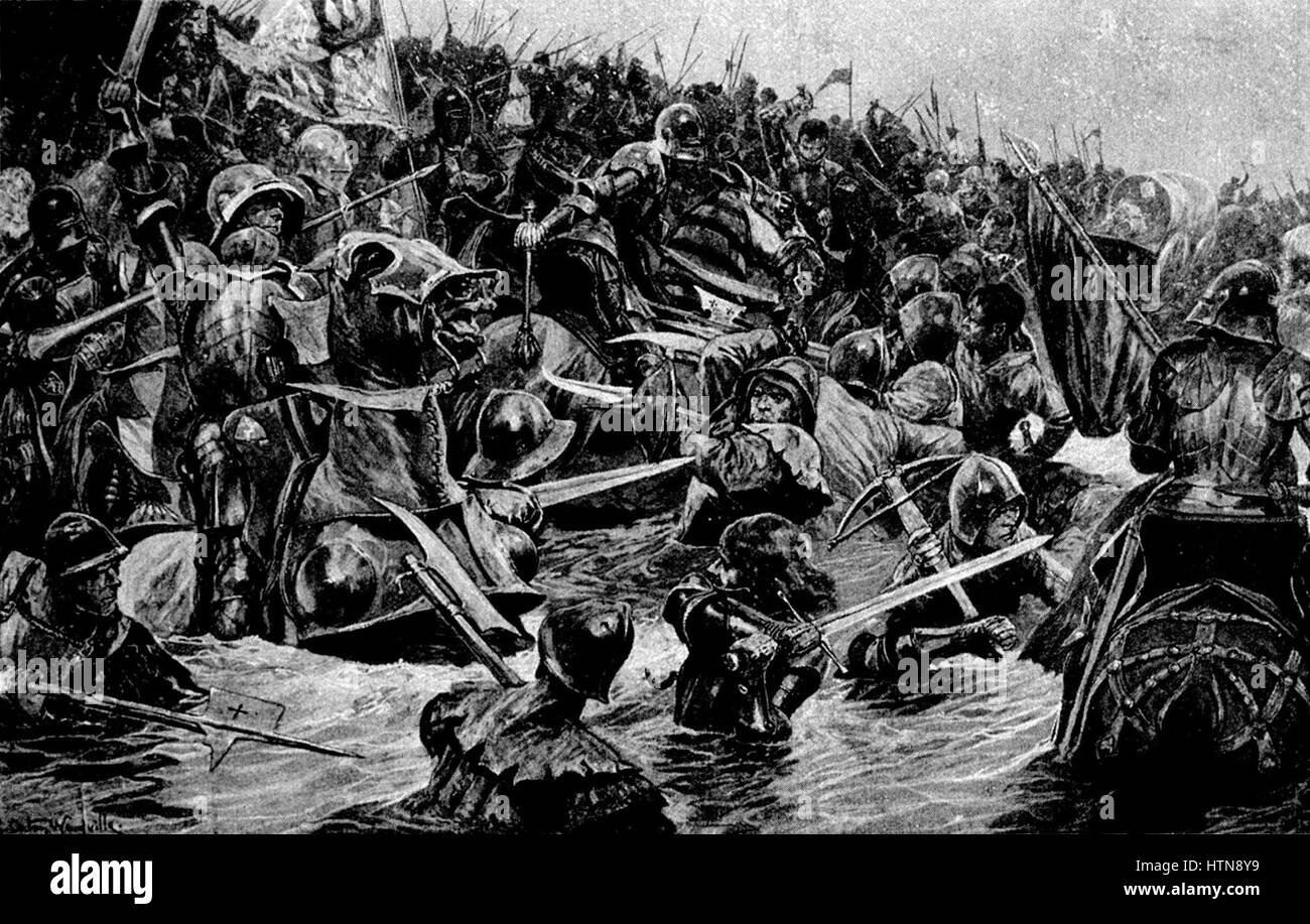 La battaglia di Towton, un dipinto di Richard Caton Woodville, Jr, che rappresenta il massacro degli Lancastriani da parte dei Yorkisti il 29 marzo 1461, creato nel 1922. Foto Stock