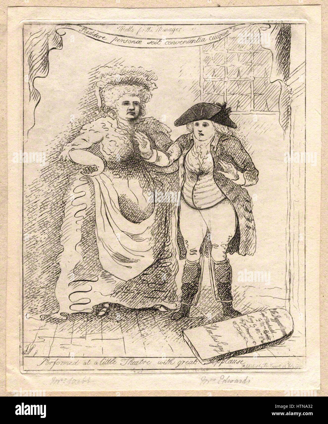 "Eseguito in un piccolo teatro con grandi applausi" di James Sayers è un'opera satirica che riflette la vita teatrale del XVIII secolo. Il pezzo raffigura umoristicamente una performance con una risposta esagerata del pubblico, catturando la cultura teatrale e le dinamiche sociali del tempo. Foto Stock