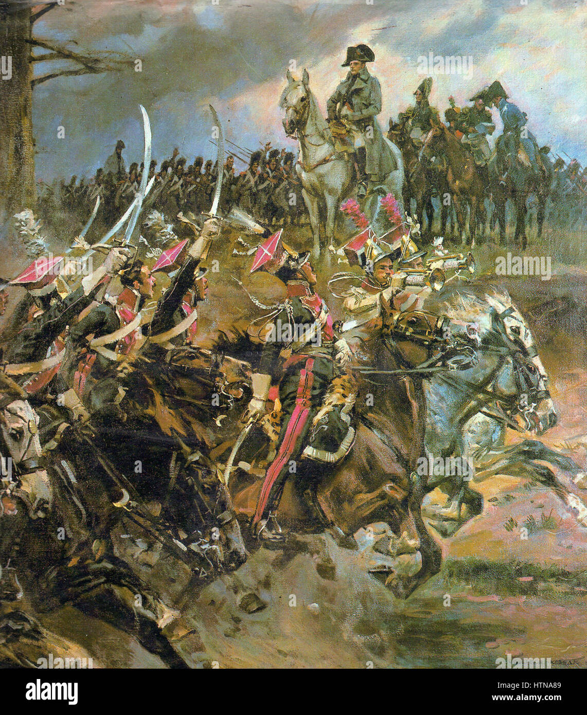 Questo dipinto di Wojciech Kossak presenta una scena storica di battaglia, con la caratteristica attenzione ai dettagli di Kossak e l'uso drammatico della luce. La scena trasmette l'intensità e il movimento della battaglia, caratteristica delle sue opere sulla storia militare. Foto Stock
