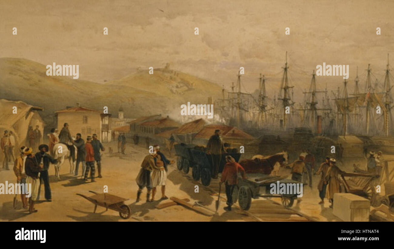 "La ferrovia di Balaklava, guardando a sud" raffigura la ferrovia di Balaklava, una città portuale in Crimea. L'immagine cattura il contesto industriale e storico della zona, evidenziando la bellezza paesaggistica della costa e il risultato ingegneristico della ferrovia durante il XIX secolo. Foto Stock