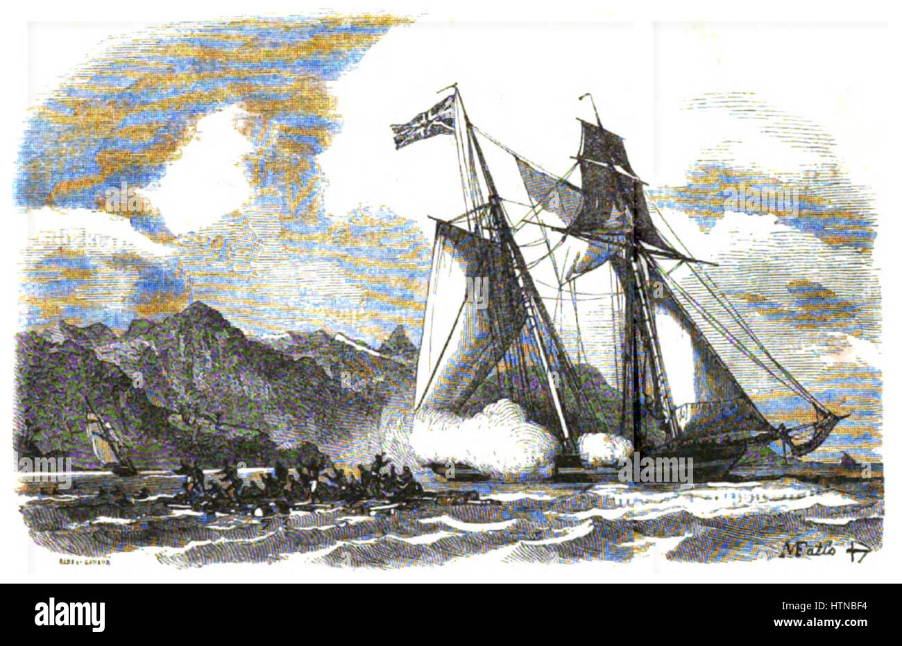 La Marine-Pacini-125 è un dipinto marittimo dell'artista italiano Pacini. Rappresenta una scena marina drammatica, che mostra il potere dell'oceano e la maestosità delle navi in una tempesta. Il pezzo esemplifica l'abilità di Pacini nel catturare il movimento dinamico del mare e della vita marittima. Foto Stock