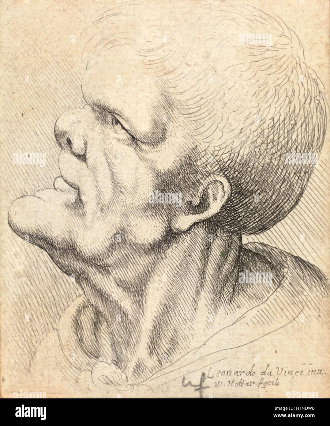 L'incisione di Wenceslas Hollar 'Man with Snub Nose and Flattened Chin' è uno studio delle caratteristiche facciali, che mostra l'attenzione di Hollar per i dettagli e l'abilità nel catturare espressioni umane durante il XVII secolo. Foto Stock
