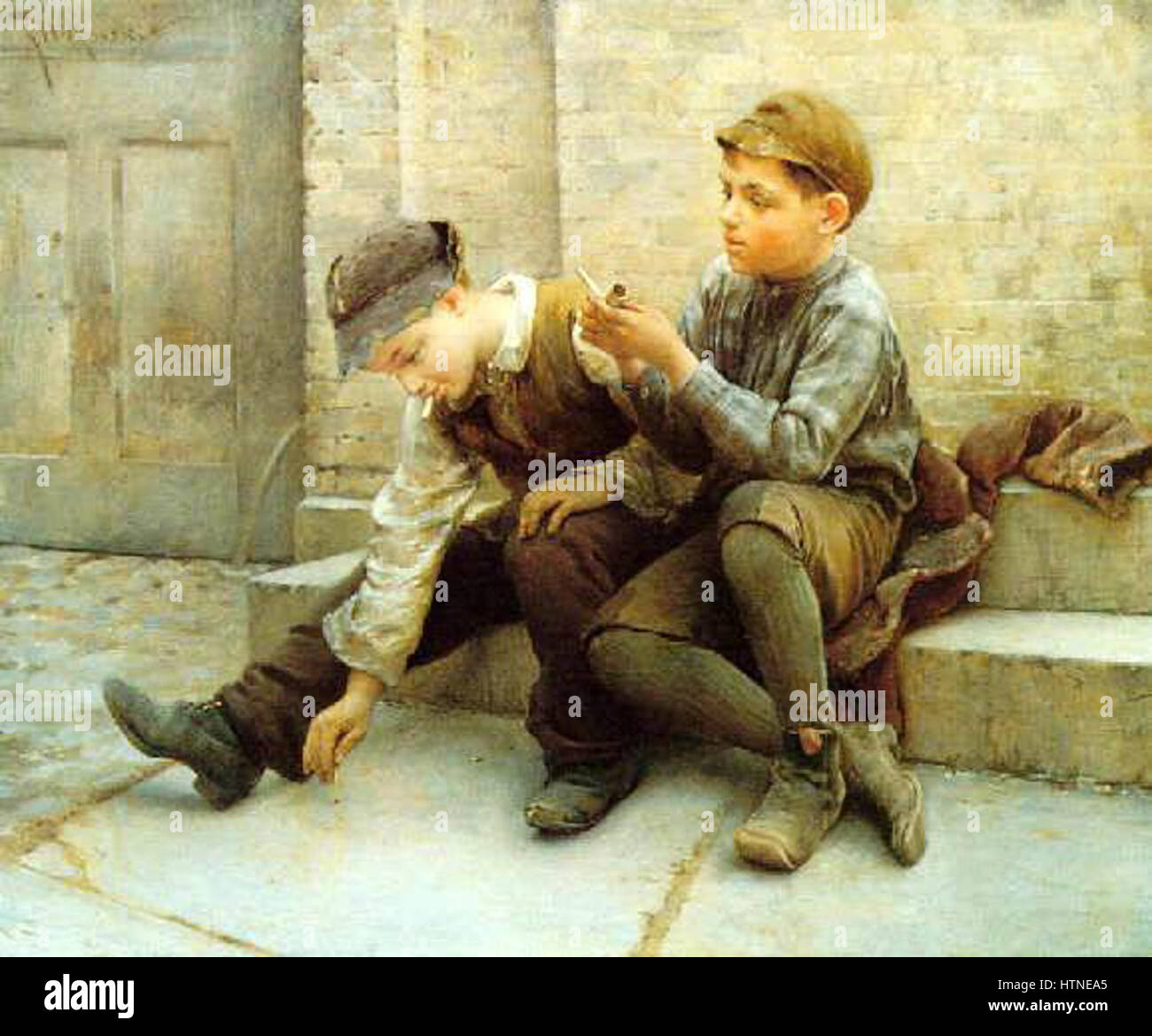 "Giocare con il fuoco" di Karl Witkowski raffigura una scena drammatica che coinvolge una figura impegnata in fiamme, simboleggiando il rischio e le conseguenze dell'imprudenza. Il lavoro riflette temi di pericolo, passione e follia umana. Foto Stock