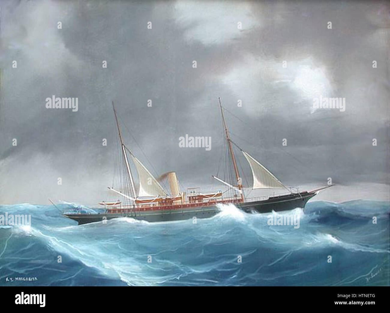 Il dipinto *Margarita* di DeSimone raffigura uno yacht a vapore, mettendo in risalto l'eleganza e l'ingegneria delle navi marittime dei primi anni del XX secolo. L'opera riflette i progressi tecnologici dell'epoca nel design delle navi e nei viaggi di lusso. Foto Stock