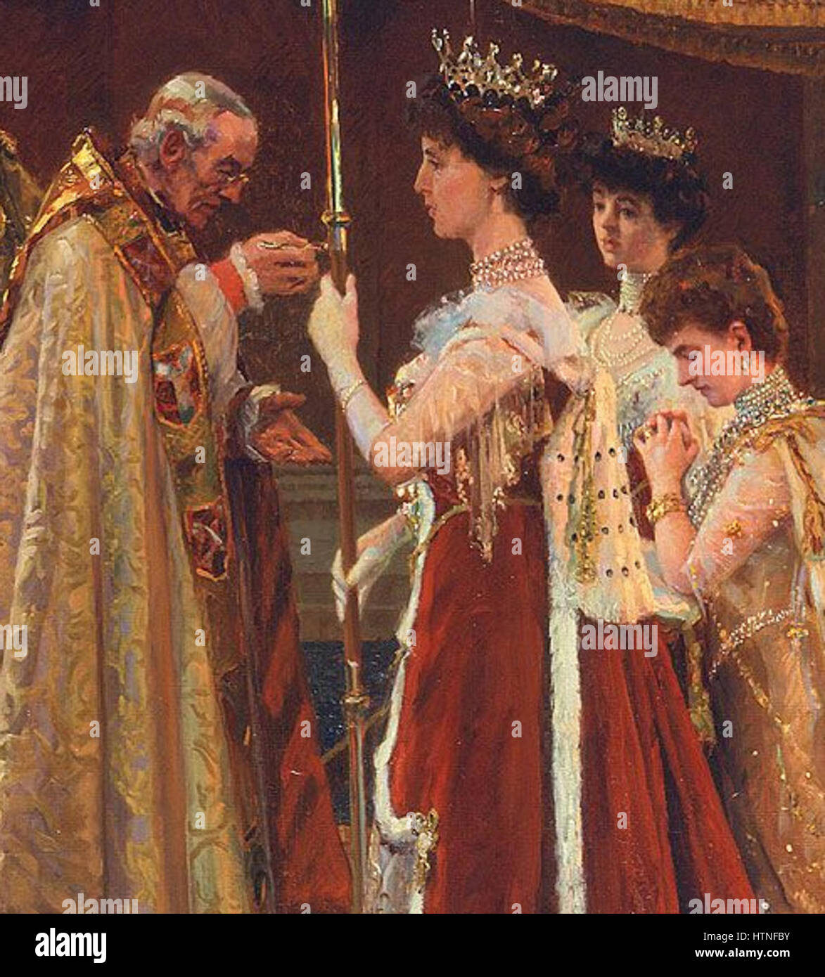 Questa immagine ritagliata da "l'annota della regina Alessandra" raffigura un momento cruciale nella cerimonia di incoronazione della regina Alessandra. Il lavoro enfatizza l'atto cerimoniale e l'ambientazione regale, mettendo in evidenza le tradizioni e i rituali della monarchia britannica durante l'inizio del XX secolo. Foto Stock