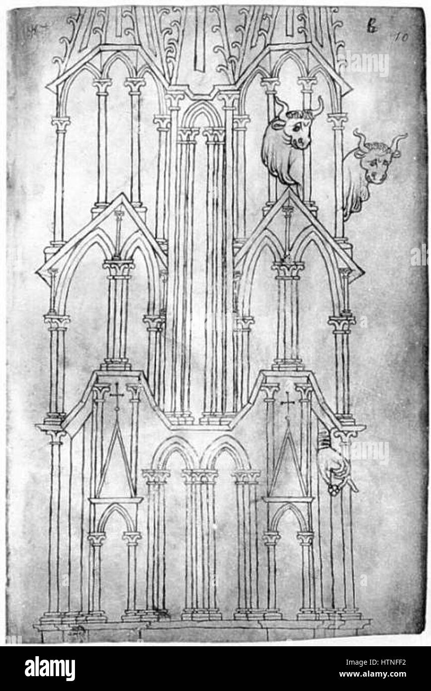 Il bozzetto di Villard de Honnecourt, risalente al XIII secolo, mostra una varietà di disegni architettonici e ingegneristici. La collezione comprende studi di cattedrali gotiche, disegni meccanici e raffigurazioni di animali e figure umane. Il lavoro di Villard de Honnecourt è essenziale per comprendere lo sviluppo dell'architettura medievale e dell'ingegneria, servendo come prezioso riferimento per studiosi e architetti. Foto Stock