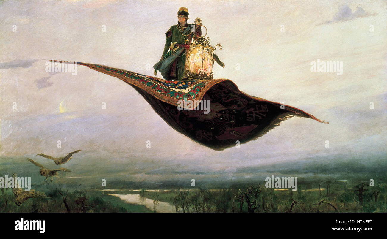 "Samolet" (aereo) di Vasnetsov illustra il suo interesse per il movimento e la tecnologia, con l'immagine che raffigura un primo concetto di volo. L'opera d'arte riflette la fusione di stili artistici tradizionali con l'era industriale moderna, dimostrando la versatilità di Vasnetsov nella gestione di temi diversi. Foto Stock