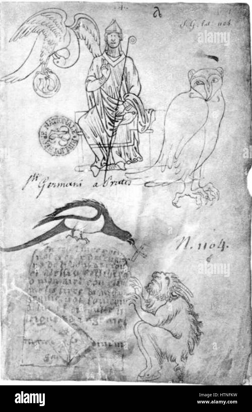 Lo "Sketchbook of Villard de Honnecourt" è una collezione di disegni architettonici medievali e schizzi artistici dell'architetto francese del XIII secolo. Gli schizzi mostrano vari elementi dell'architettura gotica, tra cui disegni dettagliati di cattedrali, volte e disegni meccanici, che riflettono la competenza dell'artista sia in arte che in ingegneria. Foto Stock