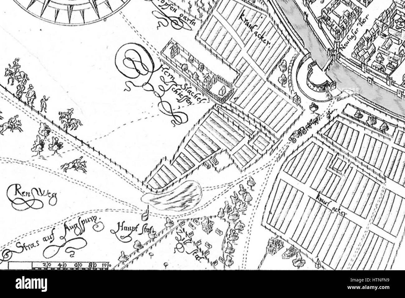 'Zielstatt' di Volckmer, creato nel 1613, è un pezzo storico che raffigura la città di Zielstatt a Monaco di Baviera, che mostra le sue caratteristiche architettoniche e i punti di riferimento regionali nell'Europa dei primi anni del XVII secolo. Foto Stock