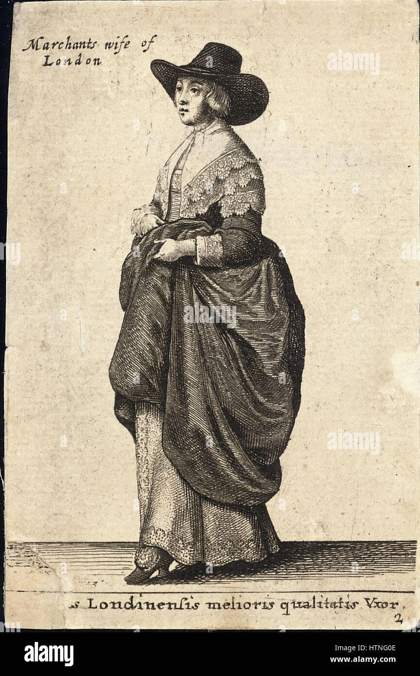 L'incisione di Wenceslas Hollar "Mercatoris Londinensis Vxor (Stato 6)" raffigura il ritratto della moglie del famoso cartografo Gerardus Mercator. La precisa linea di lavoro di Hollar e l'attenzione ai dettagli illustrano sia la sua somiglianza che il significato del suo legame con il famoso cartografo. Foto Stock