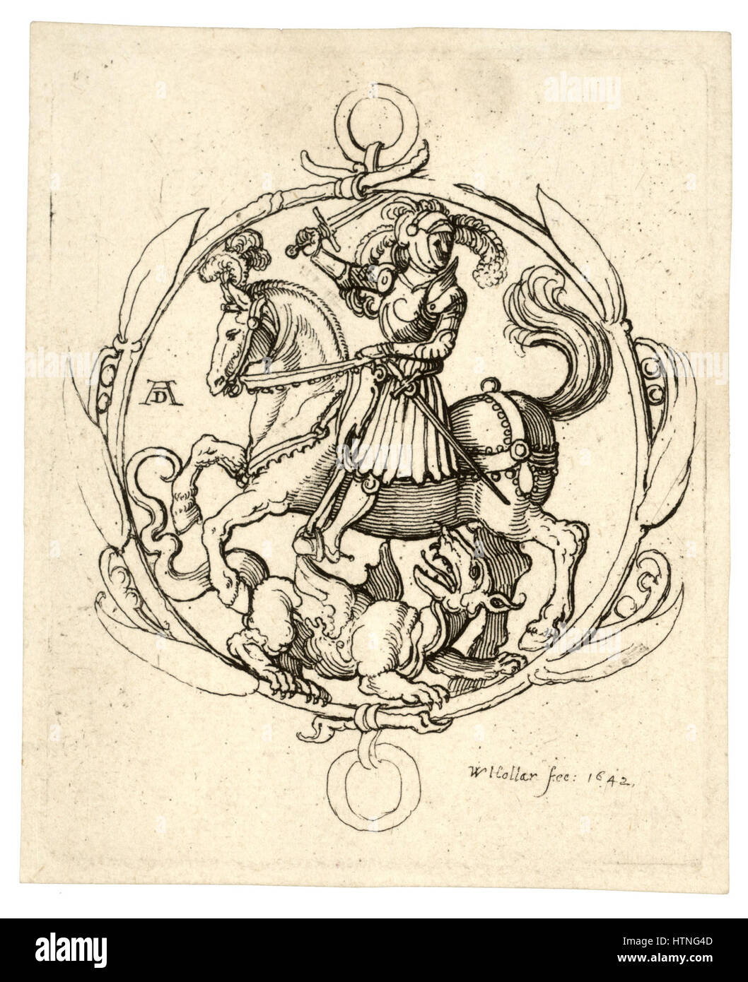 "St George and the Dragon" di Wenceslas Hollar è un'incisione che ritrae la leggendaria battaglia tra St. George e il drago. Questo lavoro è noto per i suoi intricati dettagli e la rappresentazione della storia eroica della mitologia cristiana. Foto Stock