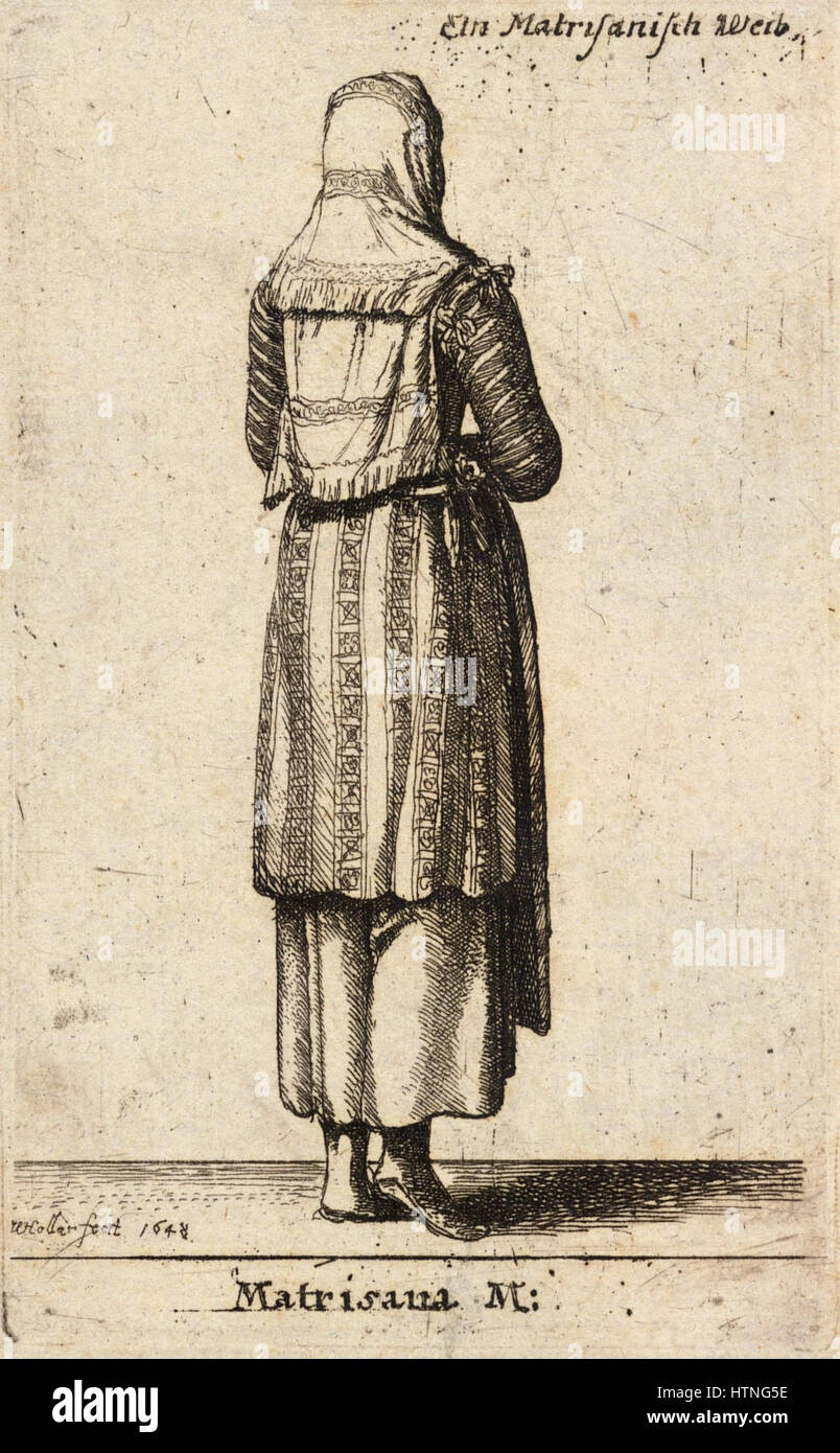 L'incisione di Wenceslas Hollar, "Matrisana M", presenta un ritratto dettagliato di una donna, che mostra l'abilità dell'artista nell'incisione di linee sottili e cattura la somiglianza del soggetto con precisione e grazia. Foto Stock