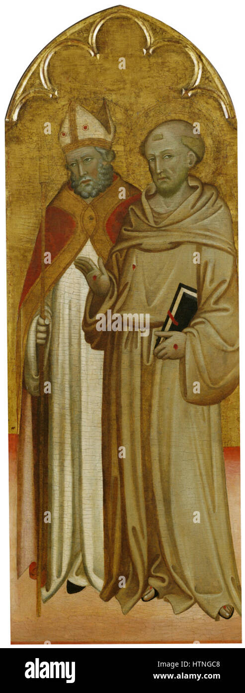 Francesco di Andrea Anguilla 'Vescovo di San Francesco d'Assisi' raffigura due venerate figure religiose, catturando la loro connessione divina e il loro significato spirituale nell'iconografia cristiana. Foto Stock