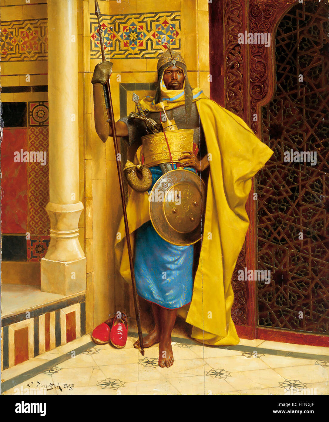 "La Guardia del Palazzo Nubiano" di Ludwig Deutsch mette in mostra una straordinaria figura di guardia nubiana in abbigliamento tradizionale, offrendo uno sguardo nell'atmosfera regale dei palazzi reali del XIX secolo. La rappresentazione dettagliata mette in risalto la maestria artigianale del periodo. Foto Stock
