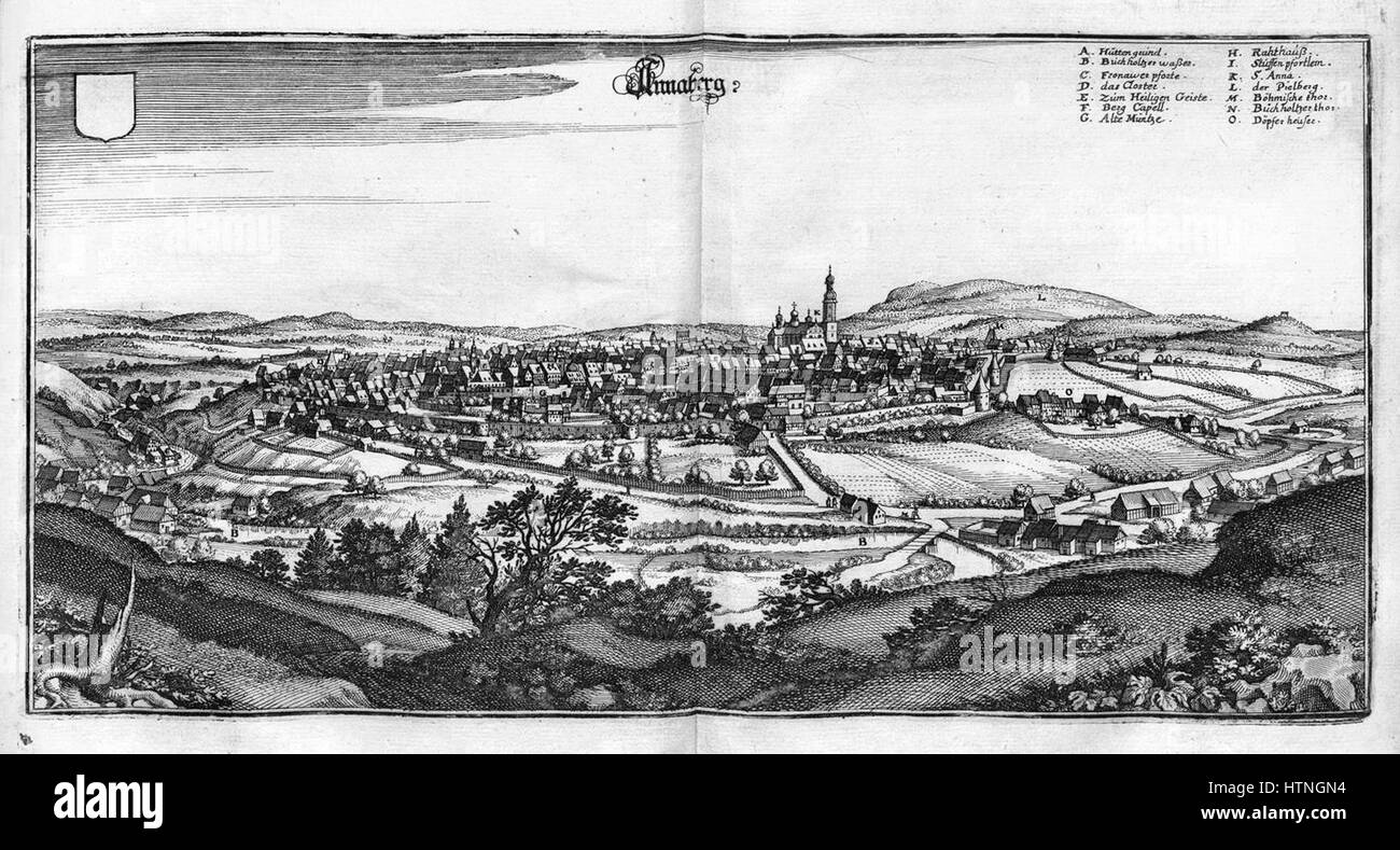 La raffigurazione di Annaberg di Merian cattura le caratteristiche storiche della città e il paesaggio montano. Noto per le sue incisioni dettagliate, il lavoro di Merian offre una finestra sugli aspetti architettonici e ambientali della zona. Foto Stock