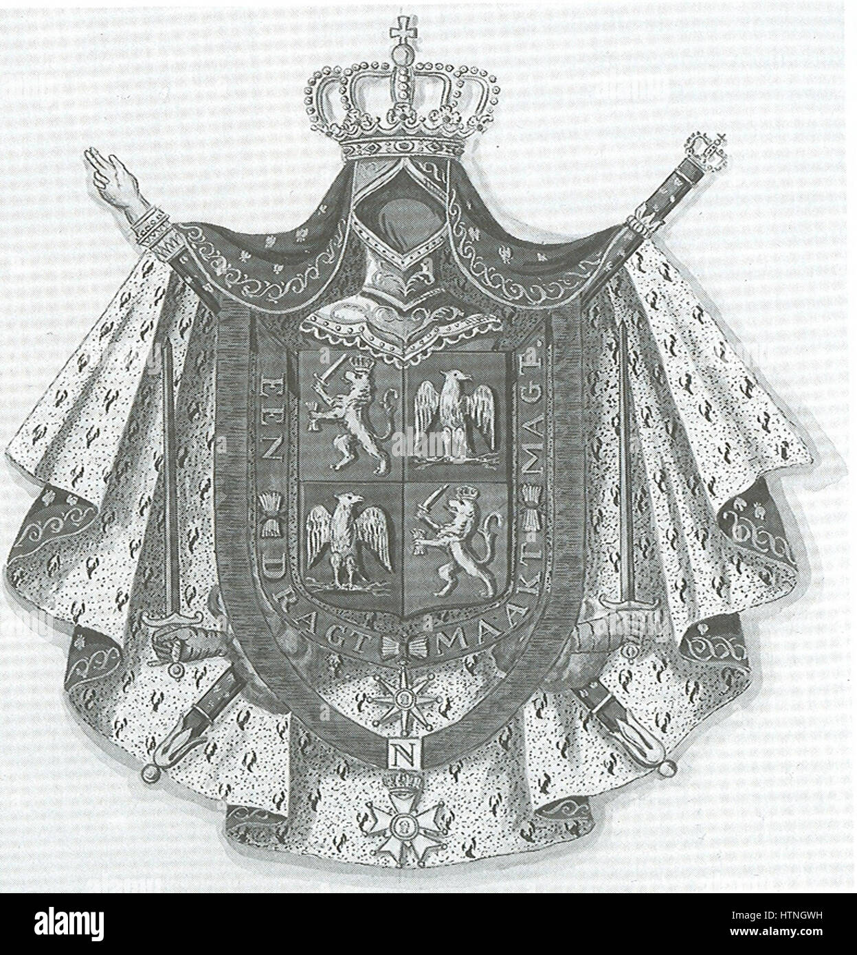 Lo stemma di Luigi Napoleone, re d'Olanda, istituito nel 1805, simboleggia il suo regno e l'associazione della monarchia olandese con l'Impero napoleonico. Il design incorpora elementi regali che riflettono le tradizioni araldiche francesi e olandesi. Foto Stock