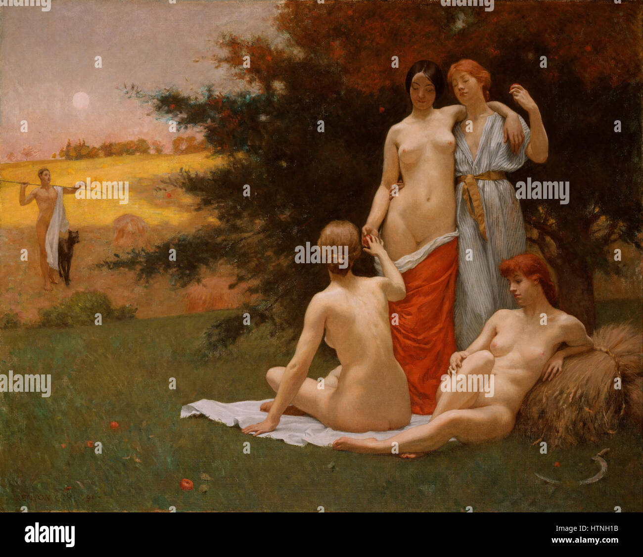 "An Eclogue" di Kenyon Cox raffigura una tranquilla scena paesaggistica con figure impegnate in un dialogo pastorale. Il dipinto è una celebrazione della natura, dell'armonia e della vita rurale idealizzata, caratteristica dell'arte americana del XIX secolo. Foto Stock