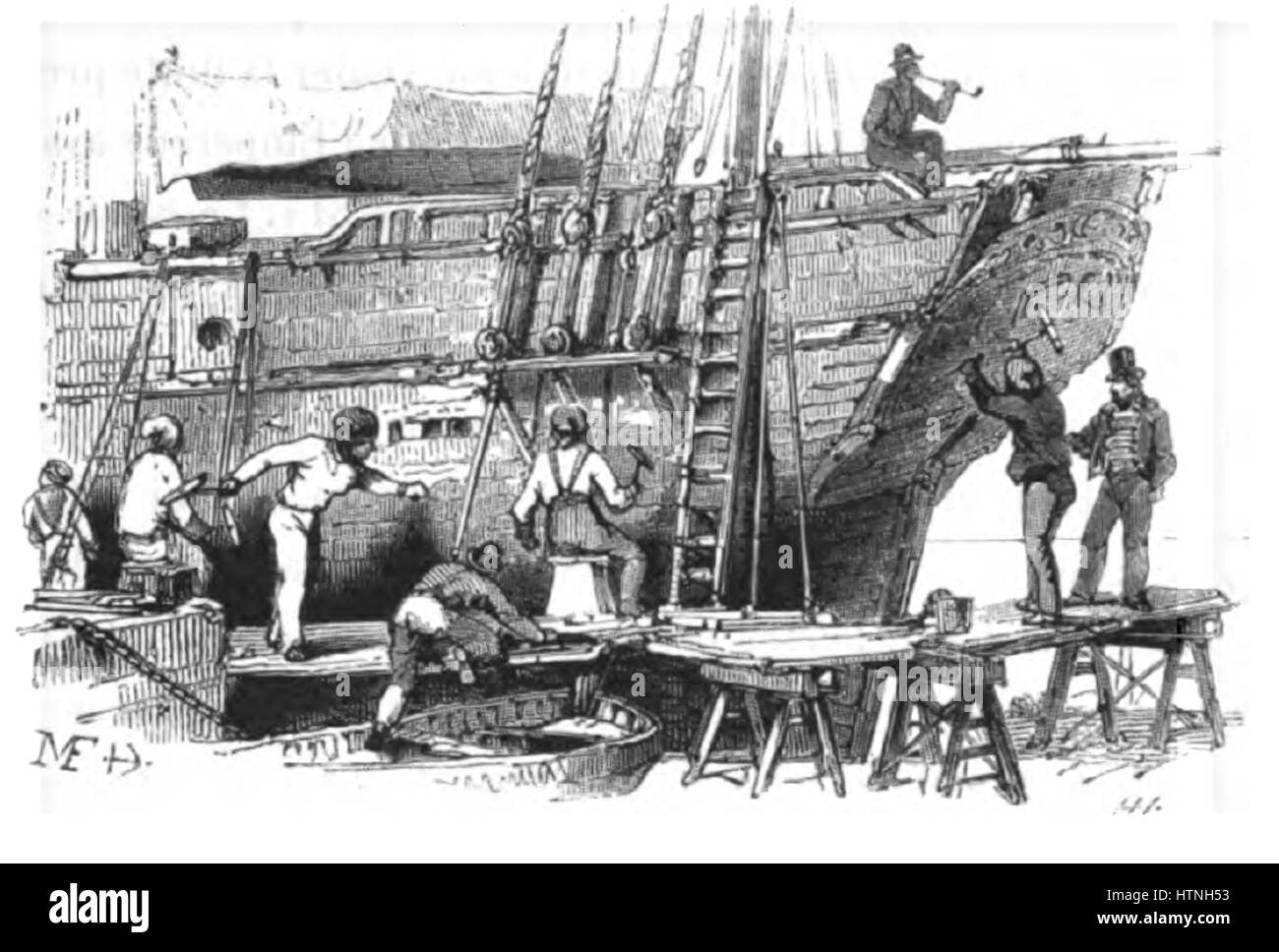 "La Marine" di Pacini è una rappresentazione della vita navale, che mostra il potere e la maestosità delle navi marittime. Il dipinto enfatizza la grandezza della nave e il paesaggio marino circostante, catturando il rapporto dinamico tra l'uomo e il mare. Foto Stock