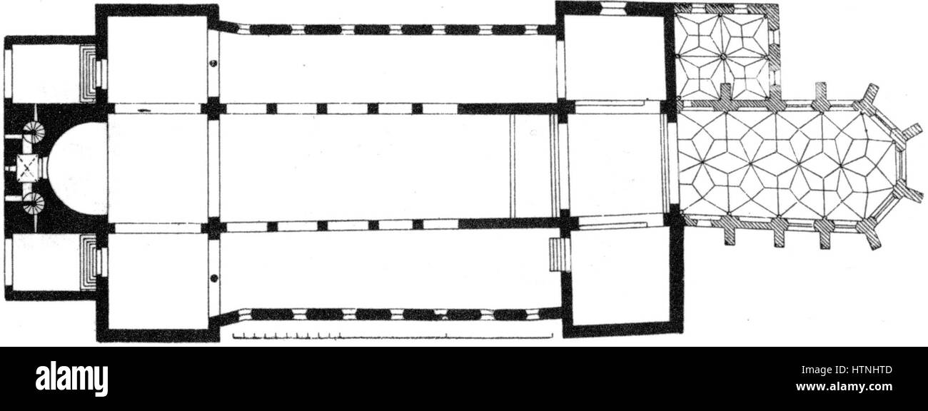 Questa pianta della chiesa abbaziale dei Santi Maria e Martino a Reichenau fornisce un disegno architettonico dettagliato, che mostra lo stile romanico della chiesa e il suo significato storico nella regione. Foto Stock