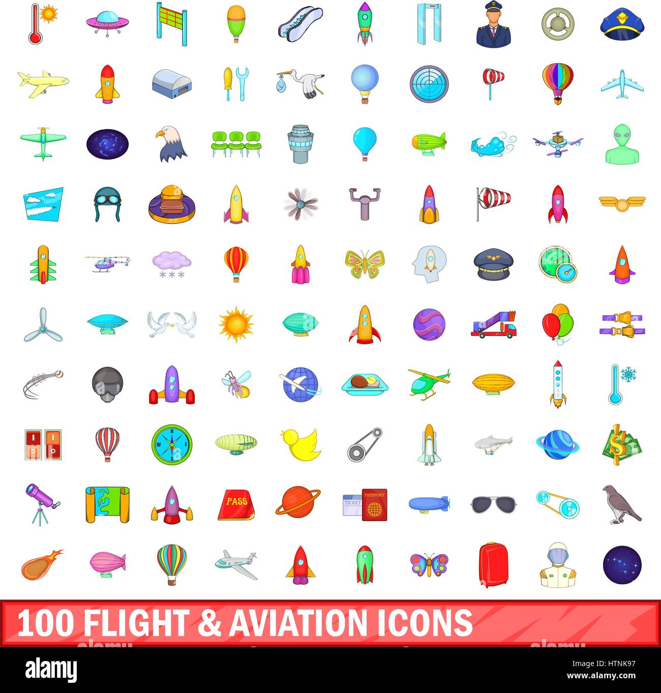 100 VOLO aviazione e set di icone in stile cartoon per qualsiasi design illustrazione vettoriale Illustrazione Vettoriale