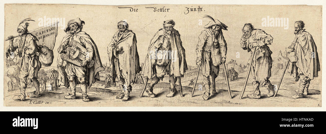 *Seven Beggars* di Wenceslas Hollar è una serie di incisioni raffiguranti sette mendicanti diversi, ciascuno con una posa e un carattere unici. Il lavoro riflette la padronanza di Hollar nella tecnica dell'incisione, così come il suo occhio acuto per il realismo sociale e i tipi umani. Foto Stock