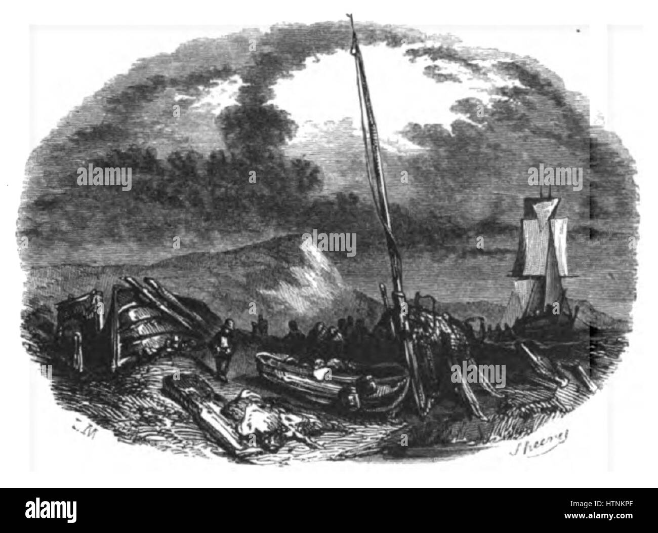 "La Marine" di Pacini è un'opera che rappresenta la vita marittima, evidenziando il movimento di navi e marinai in mare. Il dipinto cattura l'energia e le sfide della vita sull'acqua. Foto Stock