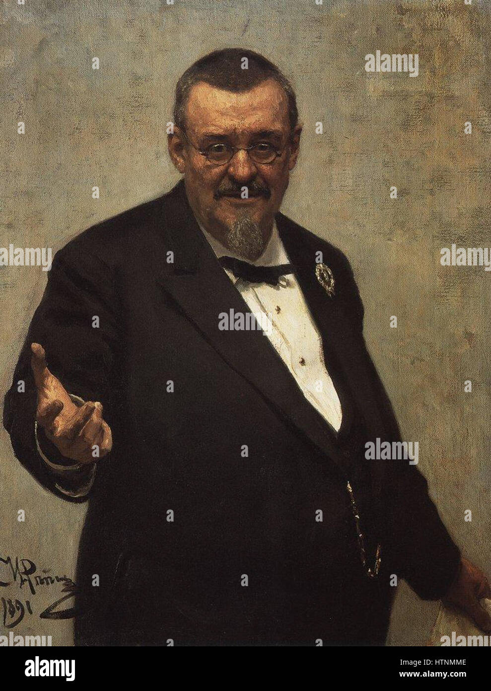 Il ritratto di Repin di Spasowicz cattura l'espressione intellettuale e determinata del soggetto. Il dipinto trasmette un senso di dignità e di meditazione, caratteristica della capacità di Repin di ritrarre la vita interiore dei suoi soggetti. Foto Stock