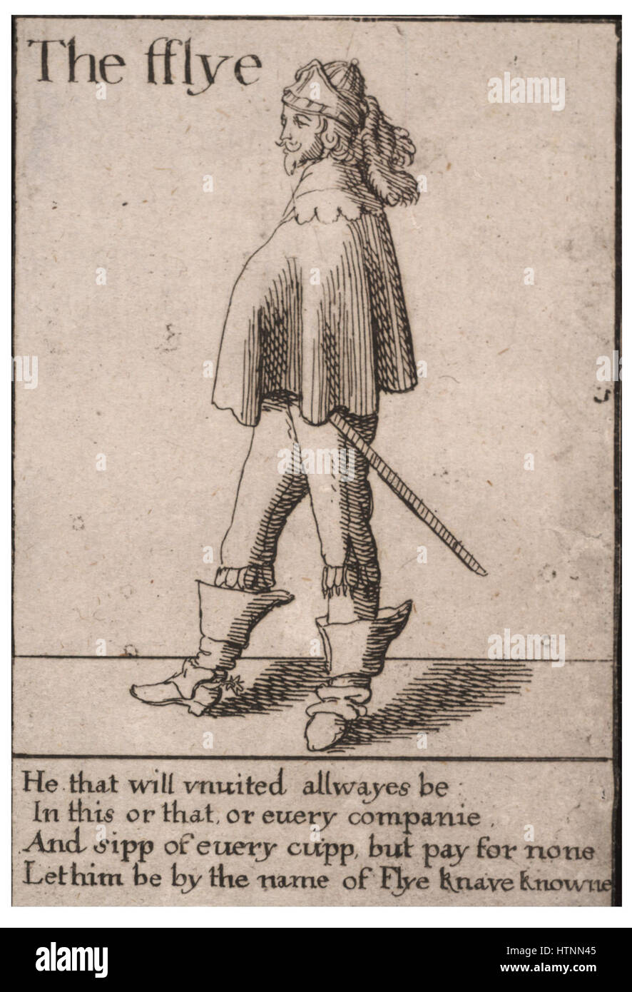 In "A Pack of Knaves - The Flye", Wenceslas Hollar presenta un'immagine satirica di un gruppo di uomini, utilizzando tecniche di incisione per evidenziare le loro caratteristiche esagerate. L'opera riflette l'abilità di Hollar nella satira e nel commento sociale durante il XVII secolo. Foto Stock