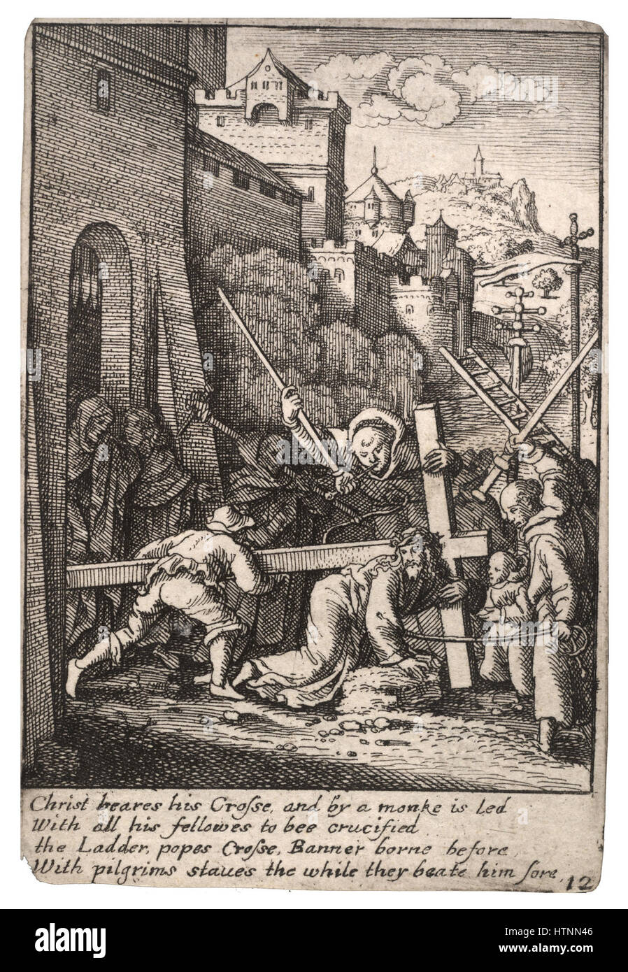 "Carry the Cross" di Wenceslas Hollar è un'incisione che raffigura una scena biblica della passione di Cristo. La dettagliata opera di linea cattura la solennità e la sofferenza di Cristo mentre porta la croce verso la sua crocifissione. Foto Stock